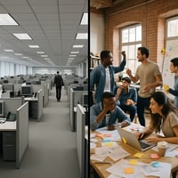split screen of corporate office on left and crazy startup on right
