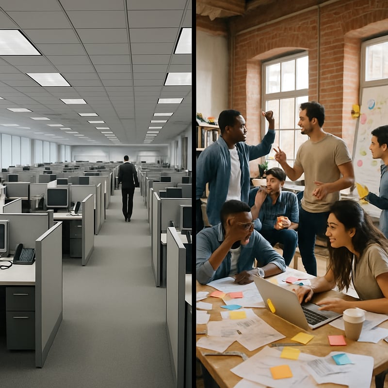 Splitscreen image One side shows a massive corporate office sterile organized hierarchical Other side shows a scrappy startup chaos energy motion Show